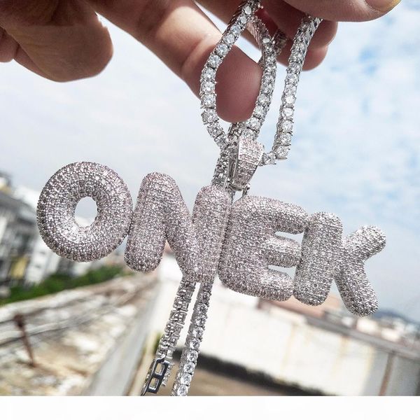 

a-z 0-9 numbers custom name bubble letters pendant necklace cz gold silver rose gold with 24inch rope chain