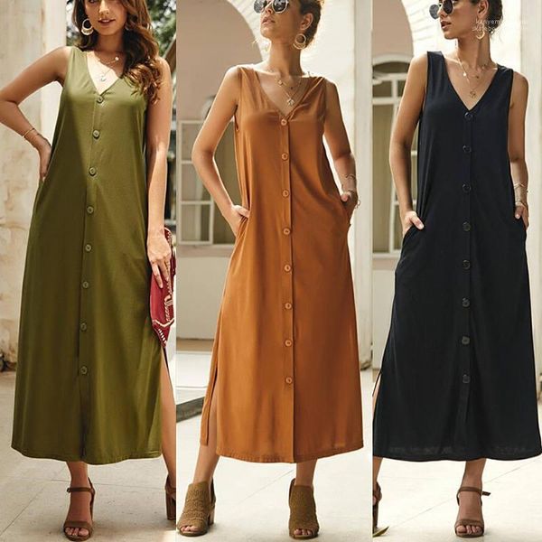 

style casual apparel womens desinger summer dresses sleeveless v neck solid color female clothing fashion, Black;gray