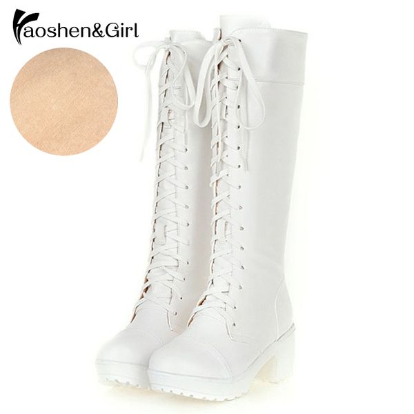 

haoshen&girl 2020 knee high boots women lace up high heels platform boots autumn winter punk shoes non-slip big size 48, Black
