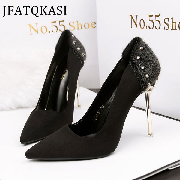 

dress shoes women high heels summer single horse hair rivets party female pumps fashion brand ladies wedding 2021 style, Black
