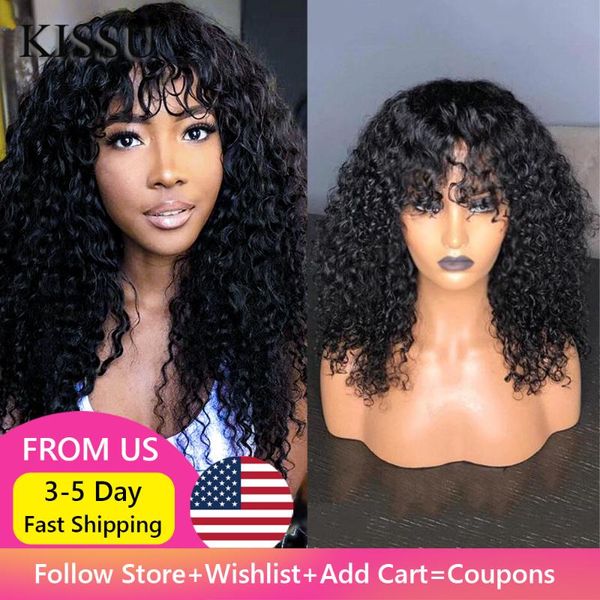 

machine made sew in wig human hair wig malaysian kinky curly with bang natural color for women glueless wigs long sale, Black;brown