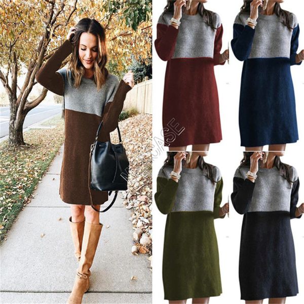 

2020 winter women's sweater dress warm knit spliced skirts loose oversize overall dresses pullover sweaters boutique clothing s-3xl d82, White