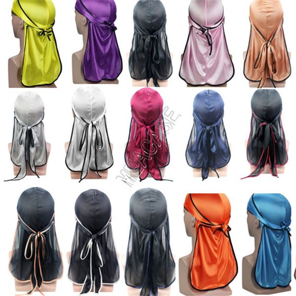 

durags designer silky durag long tail dorag premium silk wave waver caps bandana turban wigs headwrap headband solid color pirate hat d82410, Black;white