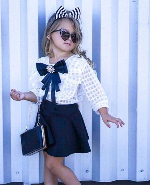 

2pcs toddler baby clothing sets girl long sleevebowknot blouses shirt and black skirts casual kids girls outfits, White