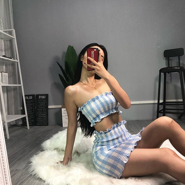 

women lig blue lattice wrapped chest and short skirt two piece set sleeveless short skirt set women twopiece, Gray
