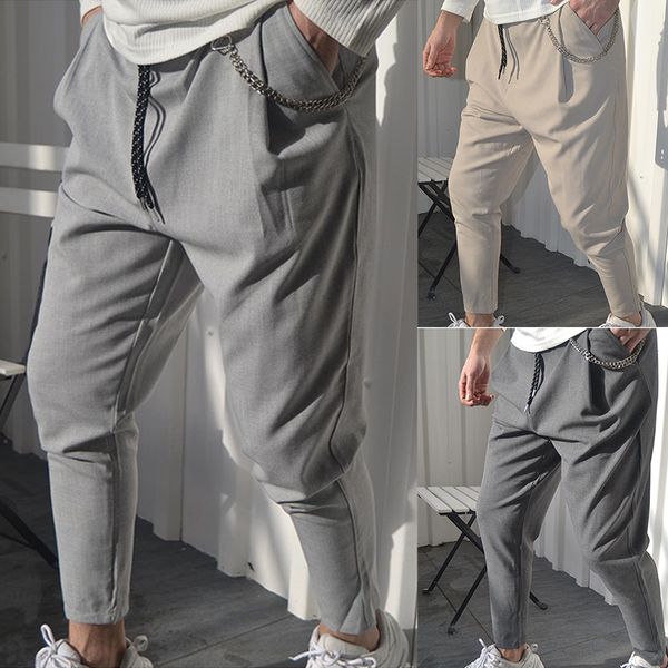 

simplicity loose drawstring casual mens capris pants designer pencil pants with pockets solid color fashion pants, Black
