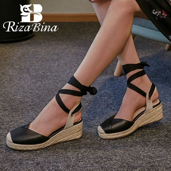 

rizabina women wedges sandals genuine leather fashion platform summer shoes woman corss strap office lady footwear size 34-39, Black