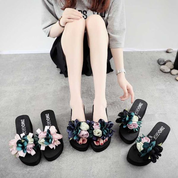 

new slippers women's summer wear fashion high heel platform sandals non-slip flower slanted heel beach shoes beach slippers, Black