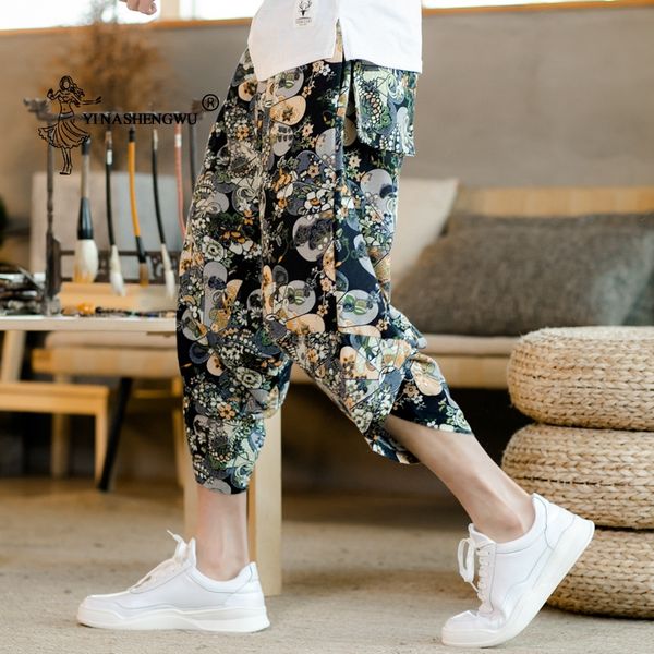 

yukata japanese kimono haori pants asian men kimono ukiyo wave print casual elastic cartoon leisure loose trousers pants, Red