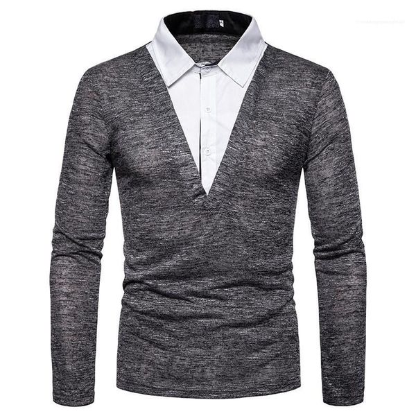 

tees casual lapel neck males clothing panelled mens designer polos fashion loose fake two piece mens, White;black