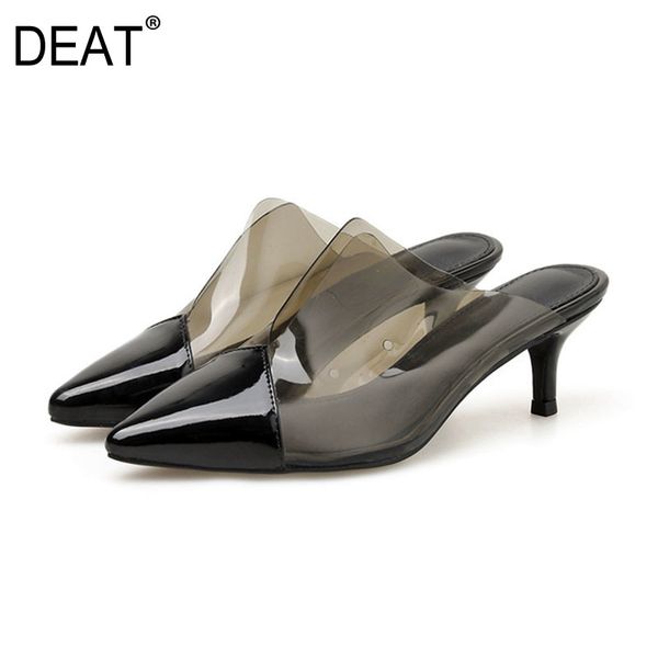 

deat] 2020 new spring summer pointed toe shallow transparent hit colors thin high heels slippers women shoes fashion 10i357, Black