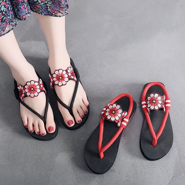 

fashion flower t-strap sandals 2020 new women summer slip on low heel beach bohemia style sandals shoe, Black