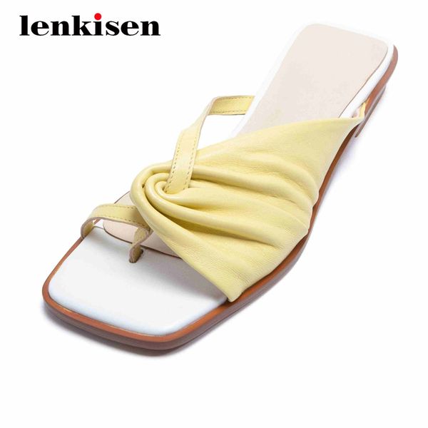 

lenkisen leisure full grain leather pleated design square toe low square heels slip on dress summer slipper l8f2, Black
