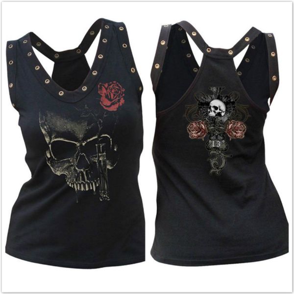 

womens fahsion casual tshirt black skeleton printed tank skull rose floral tees halloween costume plus size s-5xl, White
