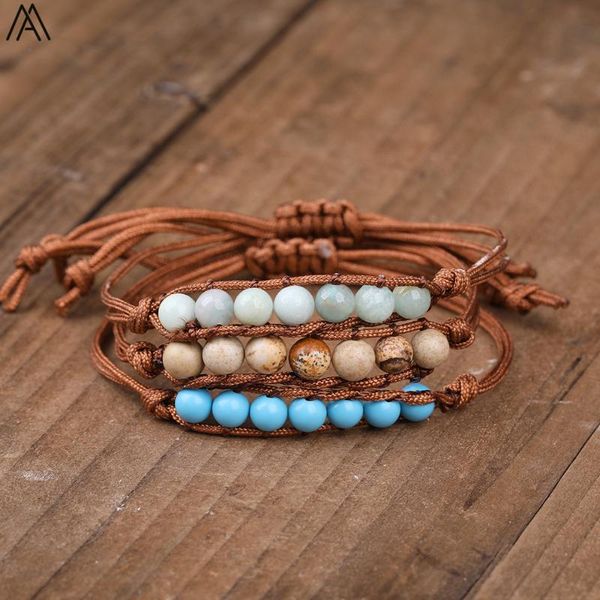 

charm bracelets natural blue trquoises 6mm beads cord knotted handmade adjustable bracelet women stone braided n0436amb, Golden;silver