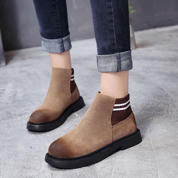 

boots 2021 autumn women shoes woman retro flock short ankle square low heels round toe slip on plus size, Black