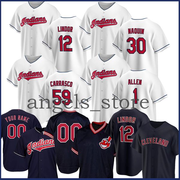

cleveland 2020 indians custom 12 francisco lindor baseball jersey jose ramirez trevor bauer joe carter jason kipnis jim thome kluber zimmer, Blue;black