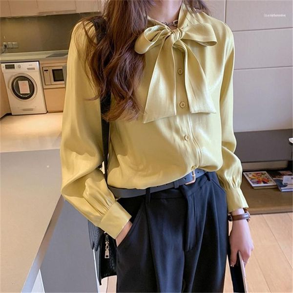 

sleeve casual shirt ladies clothing womens temperament bow satin shirt spring designer loose solid color long, White