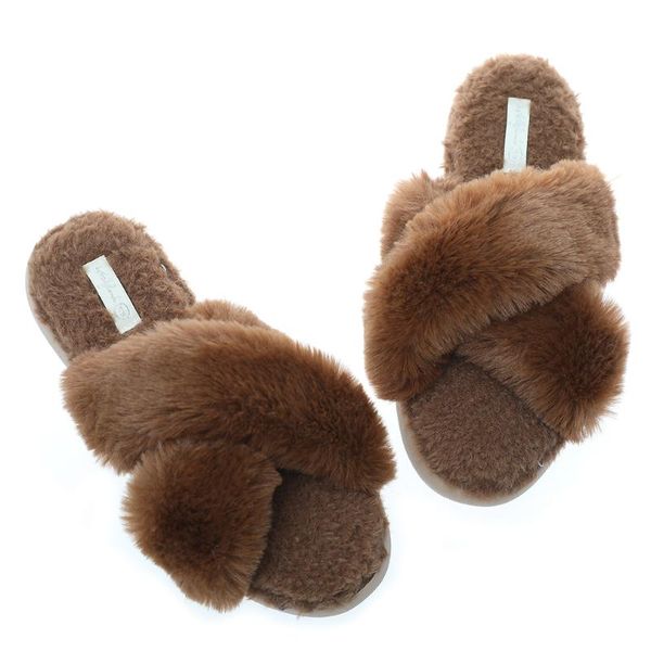 

comfortable home shoes women house slippers warm faux fur ladies cross soft plush furry female open toe slides fashion shoes, Black