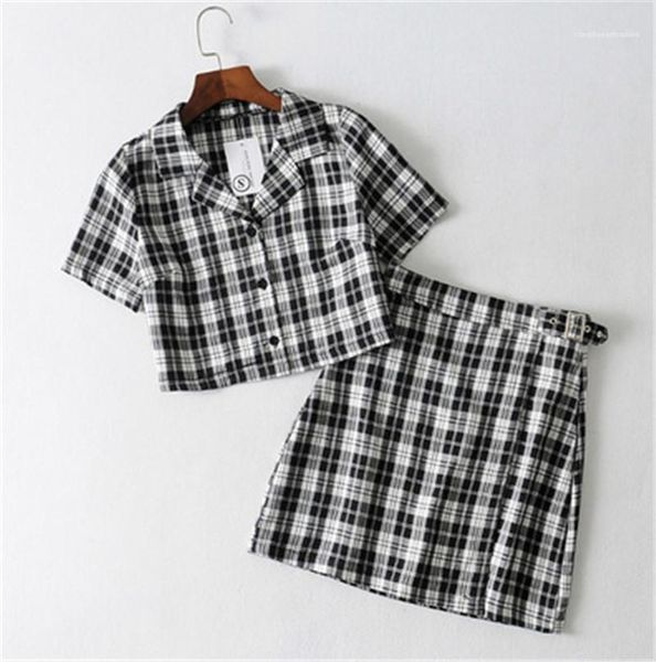 

women 2 two piece set casual short lapel shirts mini waist skirt matching sets outfits designer vintage plaid shirts skirt tracksuit, White
