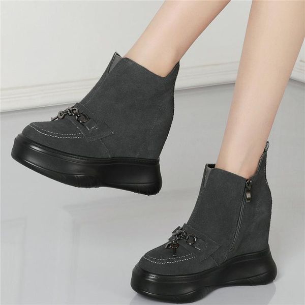 

punk trainers women genuine leather wedge high heel platform pumps shoes female high round toe fashion sneakers casual shoes, Black
