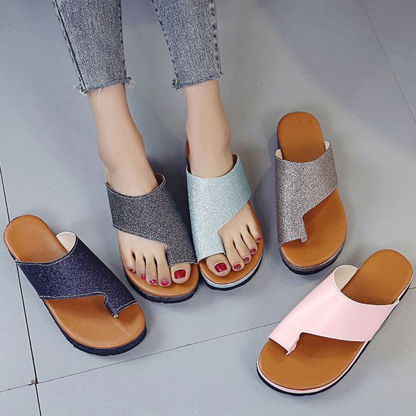 

women slippers summer flip flops orthopedic bunion corrector sandals flat sole big toe foot comfy platform pu leather beach shoe, Black