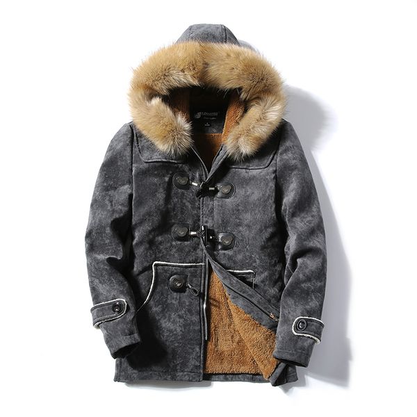 

horn button fur collar suede leather wadded jacket medium-long thermal long design cotton-padded jacket, Black