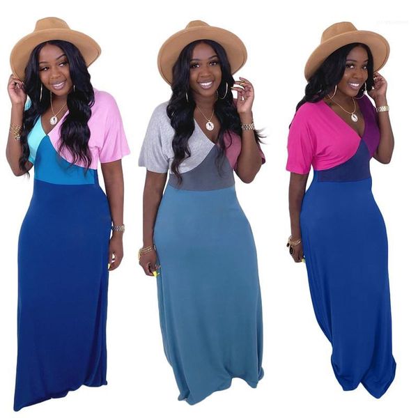 

v neck casual women dresses summer floor length panelled female clothing designers contrast color ladies dress fashion, Black;gray