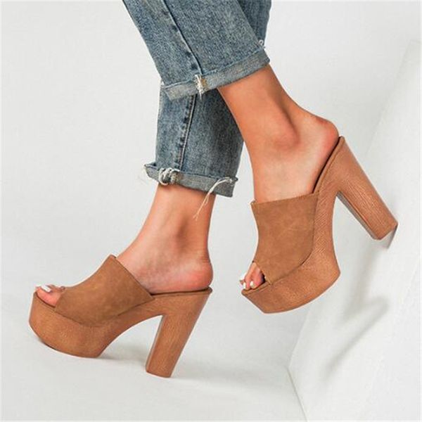 

размер 36-43 летняя мода sexy wood grain платформы тапочки сандалии женщин поскользнуться на peep toe площади высоких каблуках мулов платье, Black