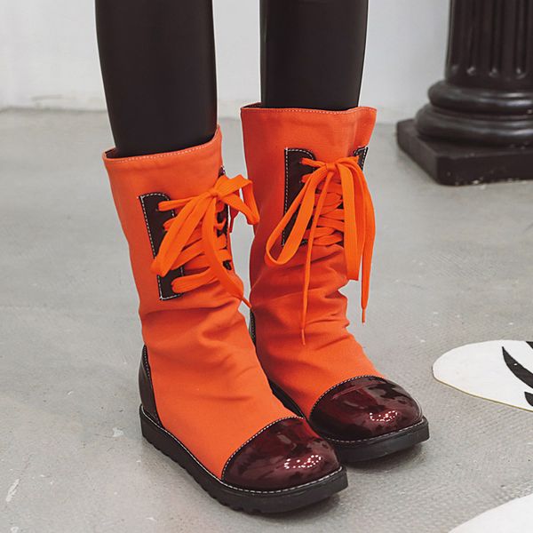 

rimocy women's purple orange mid-calf boots autumn winter fashion canvas combat boots flat slip on ladies shoes plus size 34-43, Black