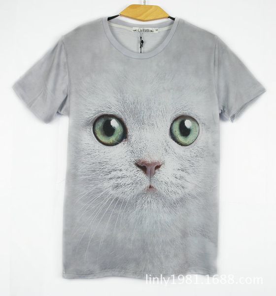 

european and american harajuku wind tee digital print 3d animal white cat short-sleeved tidal creative t-shirt, White;black