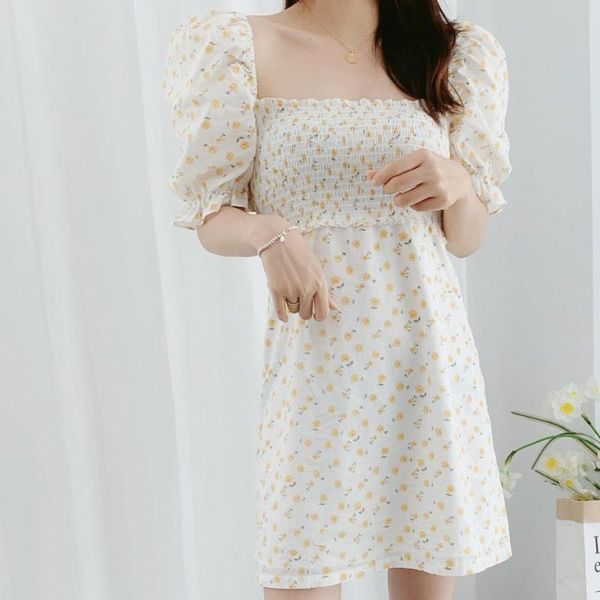 

square collar puff sleeve flower print women dress high waist ruffles retro lady mini dress, Black;gray