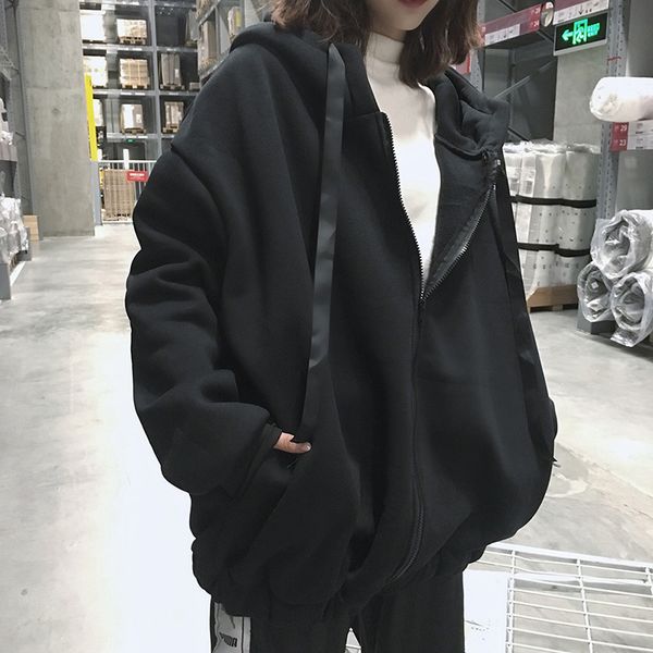 

harajuku autumn winter women oversized hoodies korean letter zipper loose hooded sweatshirt coat fleece warm pullover, Black