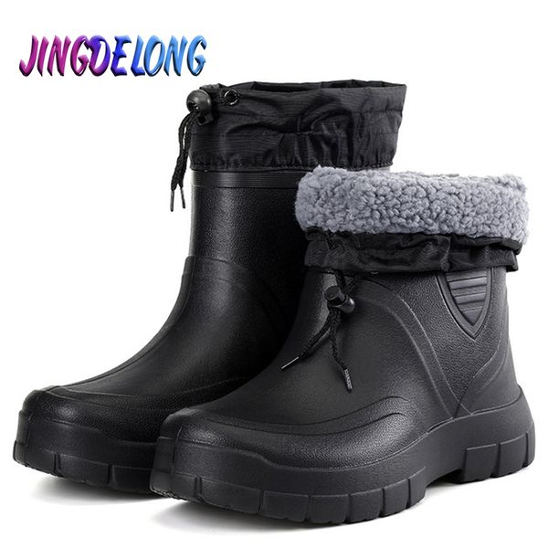 

fashion winter men's rain boots plush warm men's ankle work boots waterproof fishing men wellies winter zapatillas hombre, Black