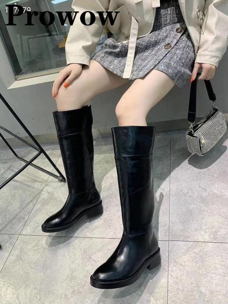 

prowow new balck runway genuine leather round toe knee high boots slip on thick heel low heel boots, Black