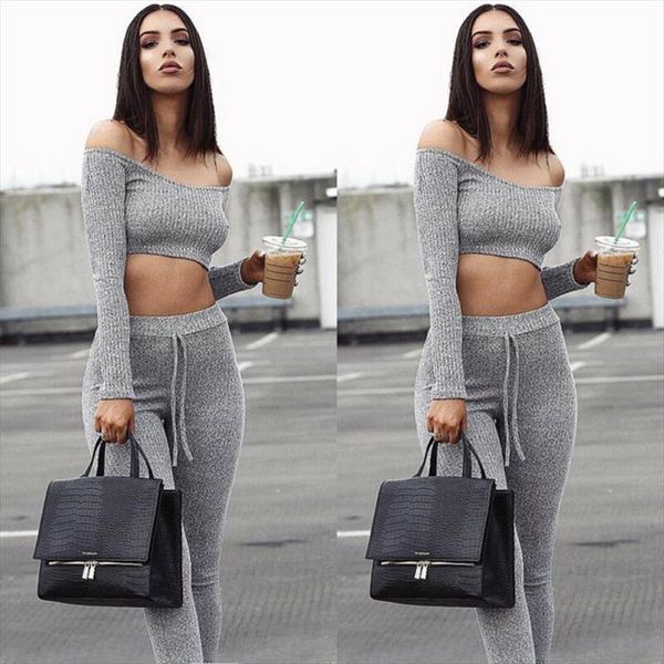 

2019 new fashion womens set off shoulder long sleeve crop lace up long pant solid color 2pcs casual slim early autumn, Gray