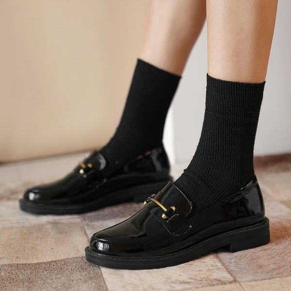 

plus size 34-43 metal buckle decoration oxford shoes woman patent leather moccasins flats ladies genuine leather casual loafers, Black