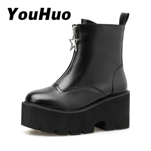 

2020 new women's boots handsome zipper high heel short boots round toe black platform