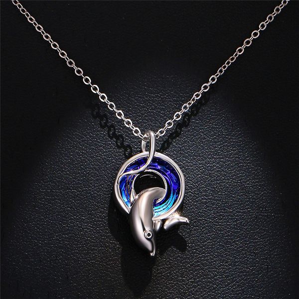 

pendant necklaces cute female rainbow crystal stone necklace charm silver color wedding trendy round dolphin pendants for women
