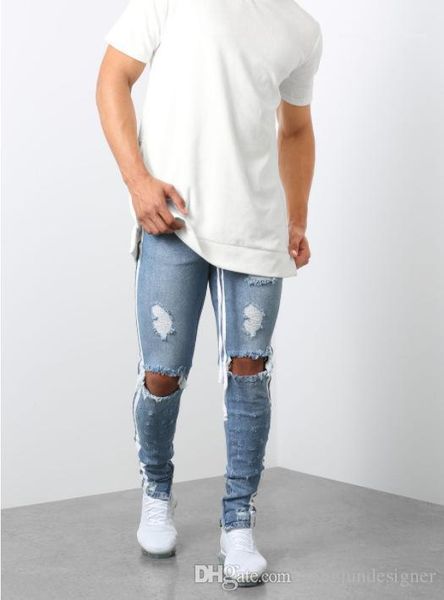 

apparel hole mens fashion designer zipper fly jeans pencil pants solid color summer homme clothing casual, Blue