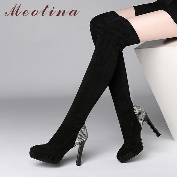 

meotina winter over the knee boots women slim stretch platform block heels thigh high boots super high heel shoes lady fall, Black