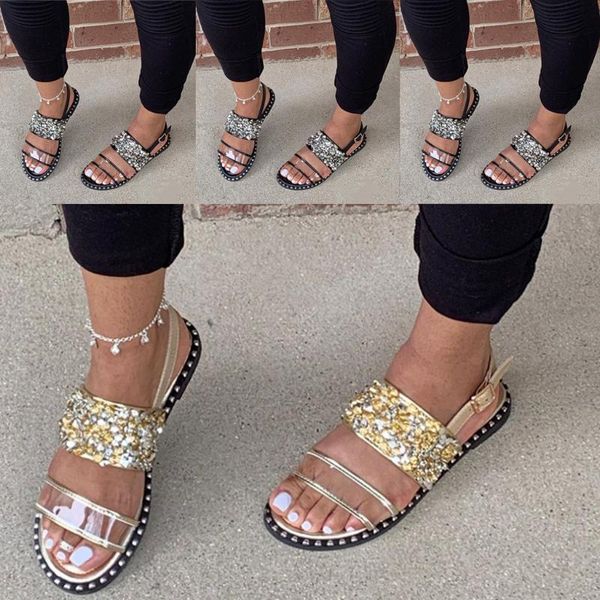

2020 sandals women's ladies fashion sequins open toe flats sandals beach shoes summer gladiator shoes femme platform, Black
