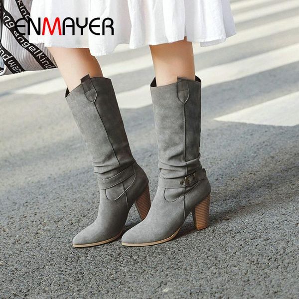 

enmayer 2020 basic winter boots women pointed toe mid-calf boots faux suede slim spike heels zip women shoes size 34-43, Black