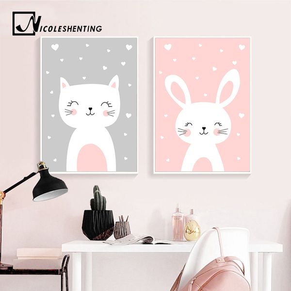 

kawaii wall art canvas nursery poster print cartoon cat rabbit painting nordic kids decoration picture baby living room decor