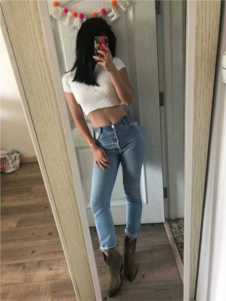 

knit t-shirt women fashion pure 5 colors short length v-neck short sleeve girl autumn spring streetwear tees sell asian size, White