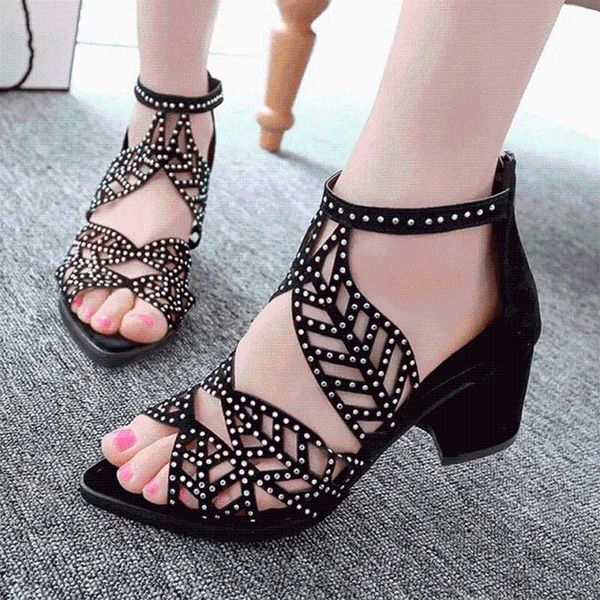 

gaoke new women sandals fashion elegant party shoes zip mid square cover heel platform summer sandals women sequined shoes, Black