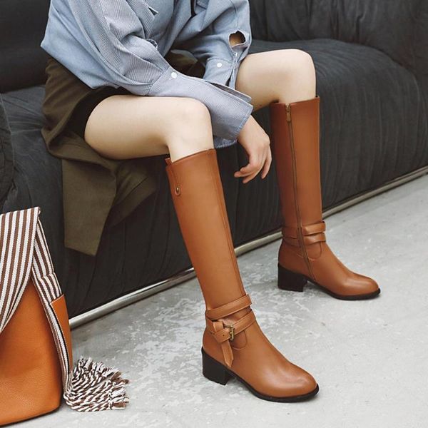 

boots leather women knee high motorcycle round toe zip footwear low heels female riding boot woman winter 2021, Black