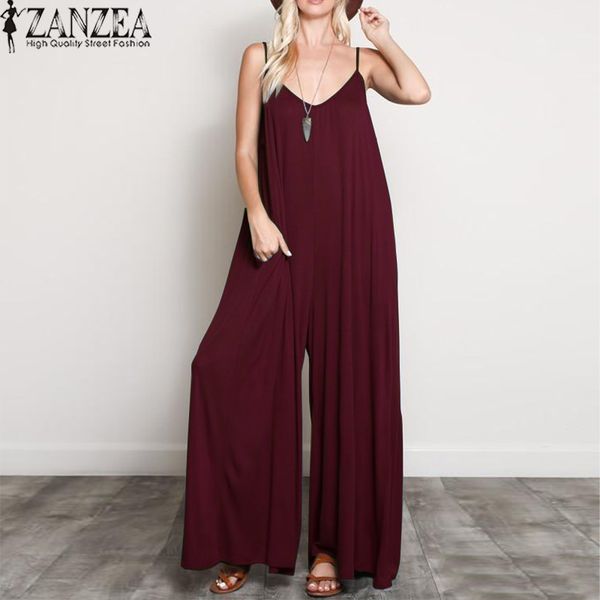

2020 zanzea women summer jumpsuits v neck strappy loose wide leg pants casual solid beach rompers party long overalls, Black;white