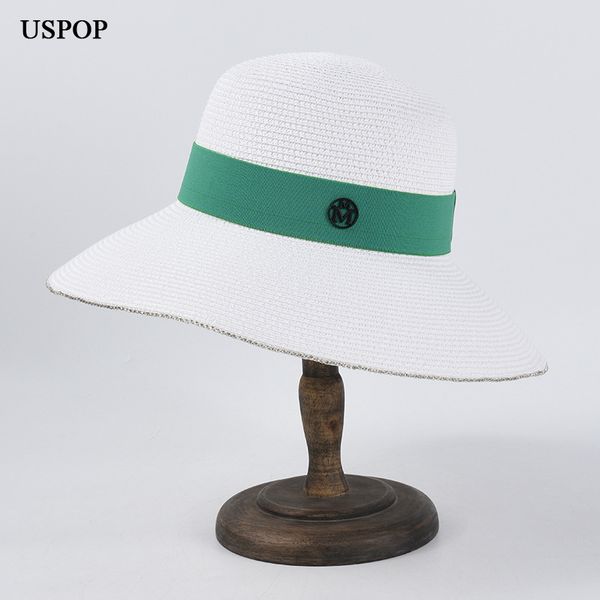 

wide brim hats uspop hat female summer sun multicolor double m letter straw beach, Blue;gray