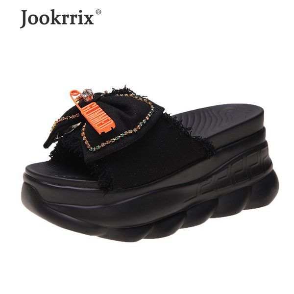 

jookrrix 2020 women summer female rhinestone sandals for increased 8.5cm wedges thick sole shoes fashion slippers zs2478, Black